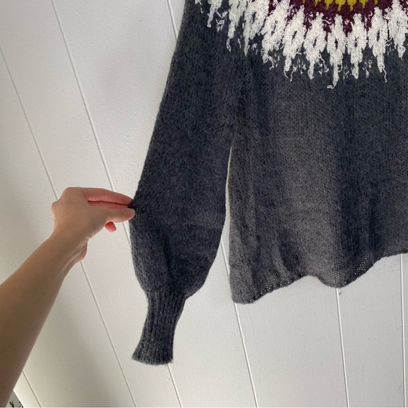 Free People Sweater Gray Knit Sz. Small Baltic Fair Isle Boatneck Bishop Sleeve - Picture 5 of 13